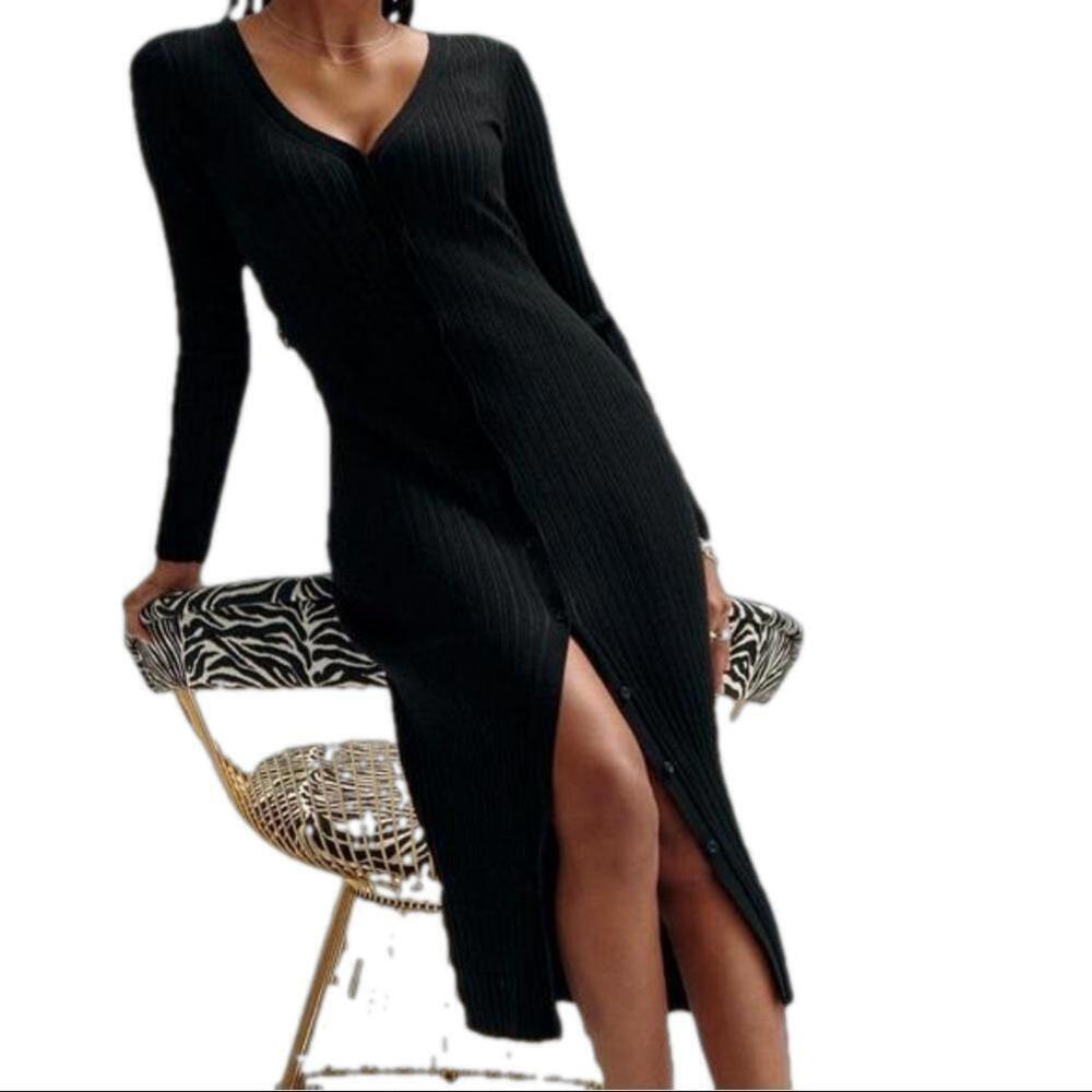 NWT Lita by Ciara Double-V Neck Button-Front Stretch Knit Long Sleeve Midi Dress